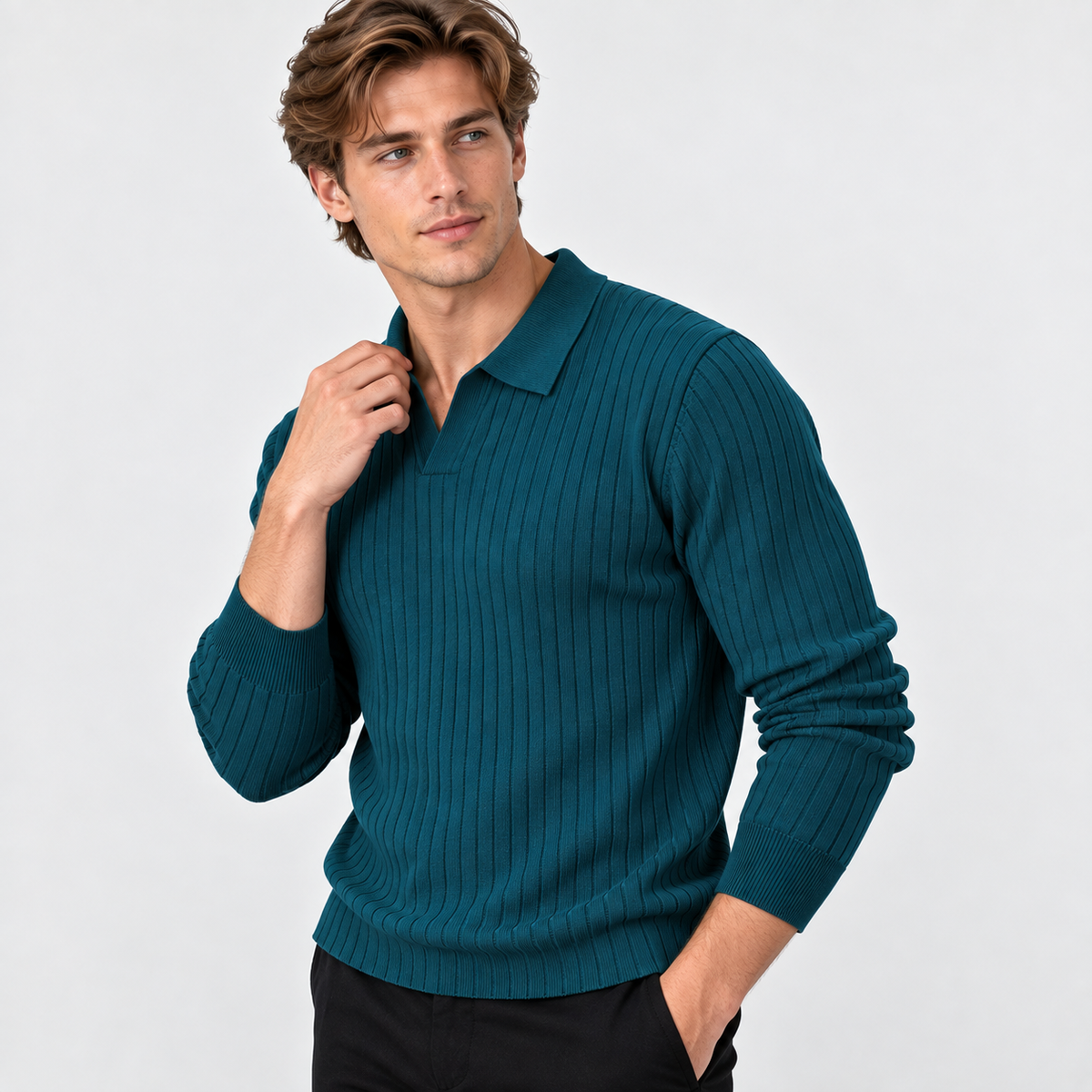 Men’s Polo Knit Sweater V Neck Casual Winter Pullover