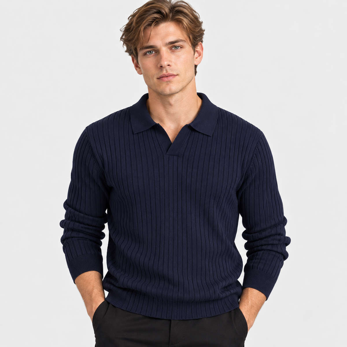 Men’s Polo Knit Sweater V Neck Casual Winter Pullover
